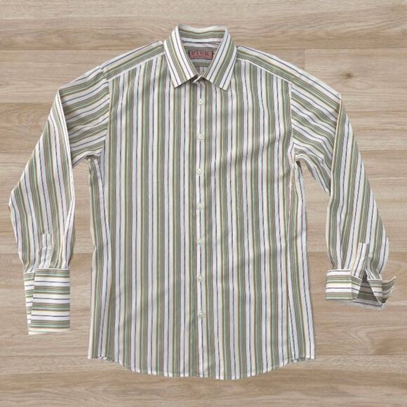 Men's Thomas Pink Striped Long Sleeve French Cuff Dress Shirt 16 1/2 /42 cm - Picture 2 of 9